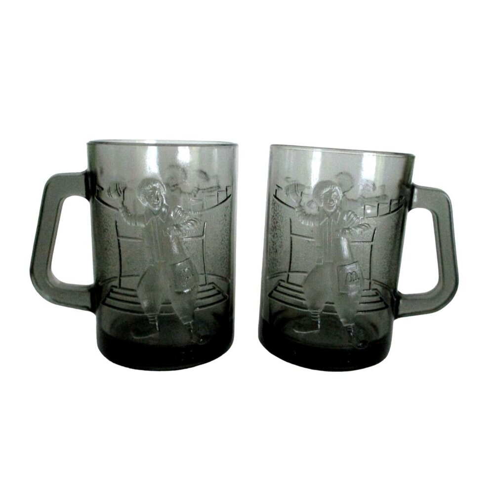 2 McDonalds Ronald McDonald Glass Mugs - Ronald with Football - Coffee Tea Mugs